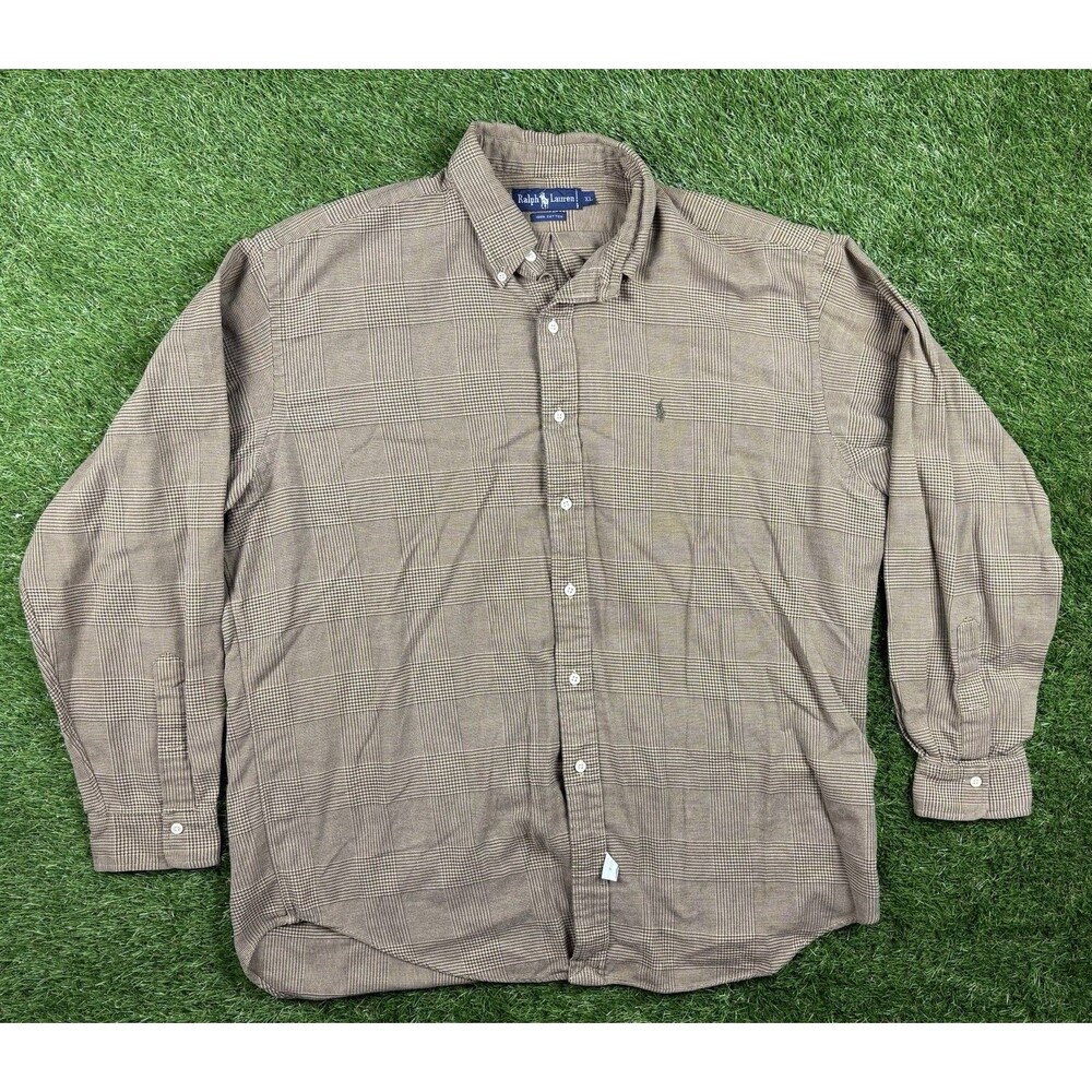 Vintage Ralph Lauren Shirt Mens XL Brown Check Long Sleeve Button Down Casual